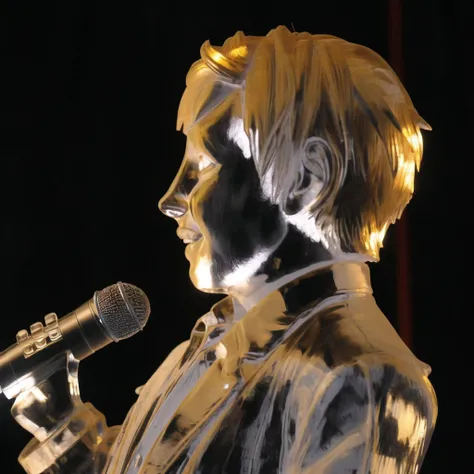 <lora:icescultpures:1.0>, icescultpures, ice statue, ice figurine, transparent, blurry background, cosplay, photo