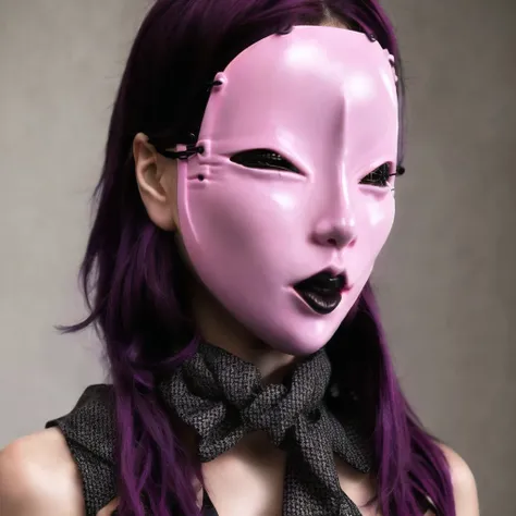 <lora:creepymasks_60:1.0> , (creepymasks, mask:1.0), (person wearing a mask with:1.0), 2girls, ^ ^, ^o^, black gloves, breasts, brown eyes, checkered, checkered neckwear, closed eyes, collarbone, eyebrows visible through hair, eyepatch, facing viewer, gloves, hair over one eye, highres, large breasts, looking at viewer, multiple girls, necktie, open mouth, parted lips, partly fingerless gloves, pun, purple hair, rectangular mouth, short hair, sleeveless, speech bubble