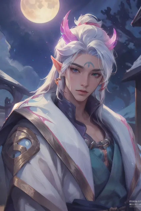 1 boy, man focus, shoulder-length hair, symmetrical horns, facial mark, sky, moonlight, elves ear, white hair, depth of the field, (best quality:1.3), ultra detailed, masterpiece, 8k, (extremely detailed:1.2), perfect shadow effect, solo, <lora:20231208-1702018707678:0.8>