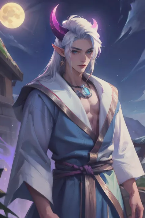 1 boy, man focus, shoulder-length hair, horns, facial mark, sky, moonlight, elves ear, white hair, depth of the field, (best quality:1.3), ultra detailed, masterpiece, 8k, (extremely detailed:1.2), perfect shadow effect, solo, <lora:20231208-1702018707678:0.8>, cowboy shot