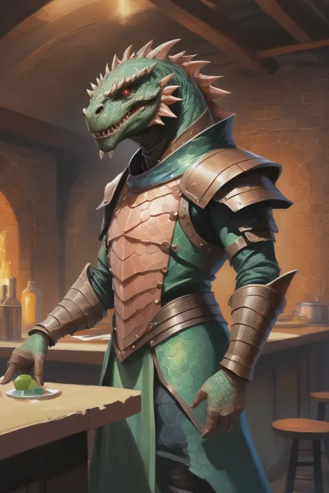 digital painting, male dragonborn doomseeker, reptilian skin, brushed color:mediumseagreen metal and iridescent salmon scales, Mess Hall and Kitchen \(room\) <lora:EnvyStarlightDragonborn01:1>