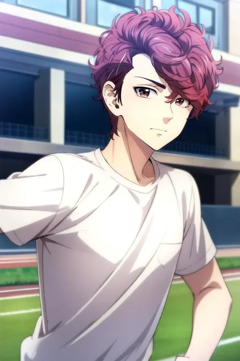 (best quality:1.1), (masterpiece:1.4), sketch, looking at viewer, upper body, , , , 1boy, solo, male focus, <lora:atsushi_sendou:0.86>, atsushi_sendou, red hair, brown eyes, short hair, hairclip, , running track, HD