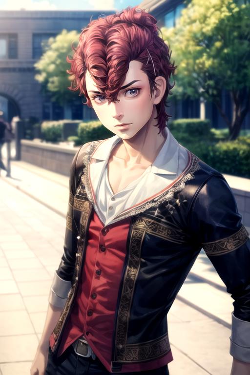 A man with red hair and a black jacket standing on a sidewalk - SeaArt AI