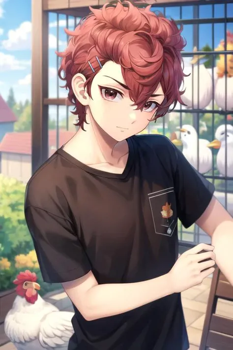 (best quality:1.1), (masterpiece:1.4), , looking at viewer, , , , , 1boy, solo, male focus, <lora:atsushi_sendou:0.78>, atsushi_sendou, red hair, brown eyes, short hair, hairclip, , snapback, chicken coop,