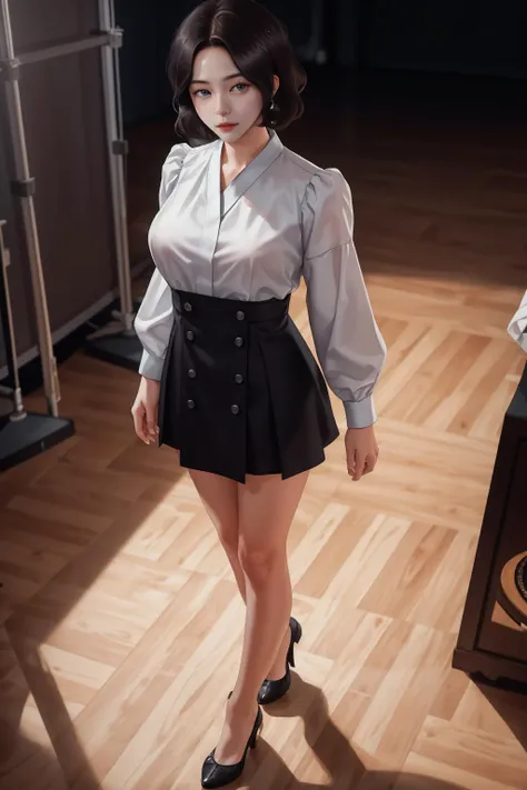 highres,absurdres,masterpiece,best quality,original,extremely detailed CG,extremely detailed wallpaper,perfect lighting,standing on the stage,blurry background,(from above),looking at viewer,
<lora:ShinJiye:0.6>,shinjiye,short hair,black hair,mole under mouth,<lora:GoodHands-beta2:1>,