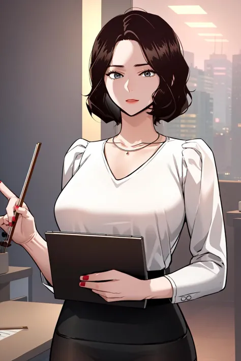 masterpiece, best quality, absurdres, perfect anatomy, beautiful background, beautiful face, beautiful eyes, beautiful body, upper body, shinjiye, 1girl, solo,short hair, skirt, shirt, black hair, jewelry, white shirt, pantyhose, necklace, nail polish, pencil skirt, brown pantyhose, office lady, Pretending to play the violin, <lora:ShinJiye:0.85>