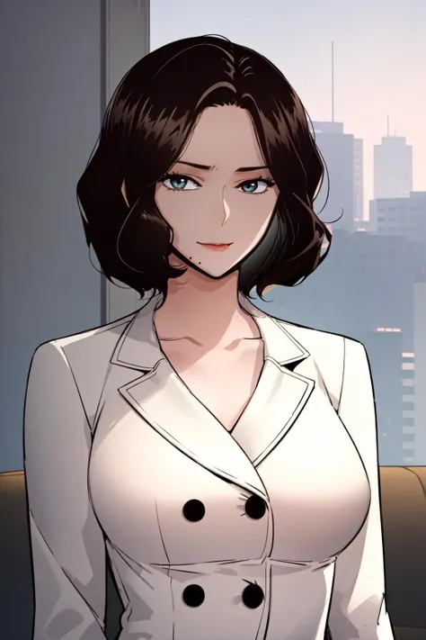 masterpiece, best quality, absurdres, perfect anatomy, beautiful background, beautiful face, beautiful eyes, beautiful body, upper body, shinjiye, 1girl, solo, looking at viewer, happy, short hair, large breasts, black hair, sitting, collarbone, upper body, mole, lips, coat, buttons, mole under mouth, brown coat, Standing with one arm extended,  <lora:ShinJiye:0.85>