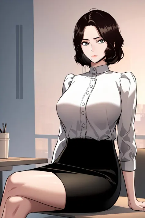 masterpiece, best quality, absurdres, perfect anatomy, beautiful background, beautiful face, beautiful eyes, beautiful body, upper body, shinjiye, 1girl, solo, short hair, skirt, large breasts, shirt, black hair, white shirt, black skirt, mole under mouth, pencil skirt, mature female, Sitting with legs crossed, one hand on knee, <lora:ShinJiye:0.85>