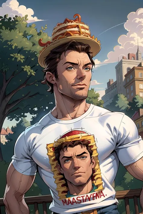 mid shot, hugh jackman in a public park, crowded, man wearing a tshirt and jeans, wearing detailed funkyhat headgear <lora:funkyhat_v1:1> made of lasagna, detailed background, detailed face, outdoors, overcast