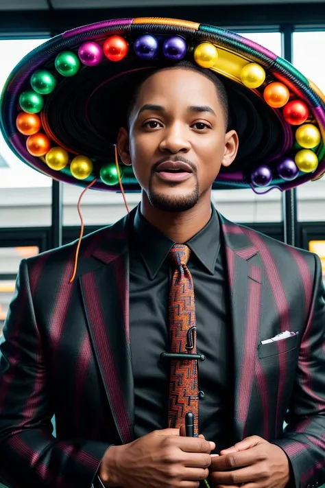 mid shot, raw photography, highly detailed photograph of a male will smith in a mall, wearing a black tailored suit, wearing detailed multicolored ufo funkyhat headgear <lora:funkyhat_v2:1> tall hat with wires , tractor beams and bulbs, detailed background, detailed face, indoors, soft lighting, well lit, film grain