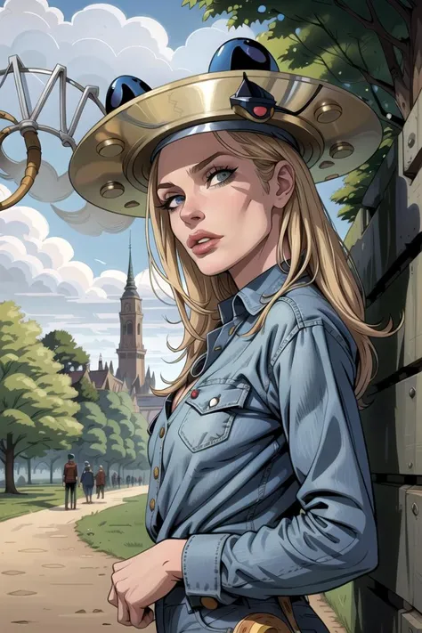 peta wilson in a public park, crowded, womanman wearing jeans, wearing detailed funkyhat headgear <lora:funkyhat_v2:1> made of alien machinery, detailed background, detailed face, outdoors, overcast, graphic illustration