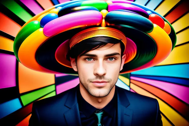 mid shot, raw photography, highly detailed photograph of a male supermodel with a stubble, standing in a crowded mall, wearing a black tailored suit, wearing detailed multicolored ufo funkyhat headgear <lora:funkyhat_v2:1>, detailed background, detailed face, indoors, soft lighting, well lit, film grain