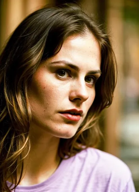 A stunning intricate color close up portrait of (sks woman:1) , wearing tshirt, epic character composition, sharp focus, natural lighting, subsurface scattering, f2, 35mm, film grain, , by Henri Cartier-Bresson, <lora:locon_annapaquin_v1_from_v1_64_32:1>