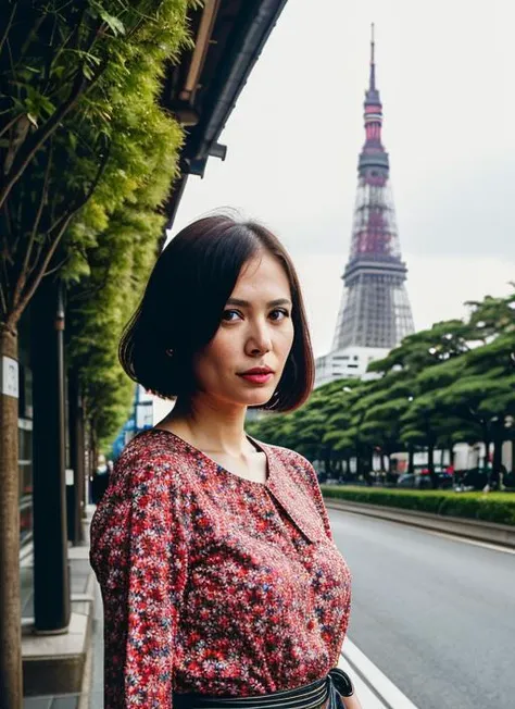 portrait of sks woman in Tokyo, with the Tokyo Tower in the background, by Flora Borsi, style by Flora Borsi, bold, bright colours, ((Flora Borsi)), by Imogen Cunningham, <lora:locon_annapaquin_v1_from_v1_64_32:1>