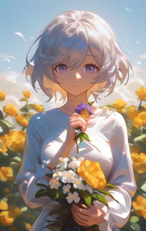 elaina (majo no tabitabi), (masterpiece:1.6, best quality), (finely detailed beautiful eyes: 1.2), ph elaina, 1girl, solo, short hair, white hair, collarbone, blue eyes, alternate hairstyle, blush, bangs, hair between eyes, bare shoulders, sweatdrop, off shoulder, purple eyes, alternate hair length, blurry background, blurry, camisole, spaghetti strap
, anime color, <lora:elaina-ph_64:1>, lying on grass, grass field, flowers
