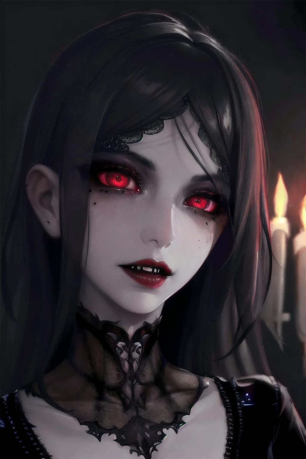 a beautiful victorian vampire. sinister, enticing. (teeth). seductive red lips. skin pores, veins, moles. dark candlelit crypt. volumetric lighting, high dynamic range. <lora:to8contrast-1-5:0.7>., <lora:realistic_quality-realistic_quality_leco_-_v1.0:1>, intricate details, highly detailed, intricate eyes, detailed skin, intricate hair, realistic, skin pores