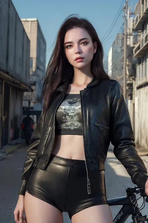 (masterpiece, best_quality, ultra-detailed, immaculate:1.3), epic, illustration, fit female bike courier. post-apocalyptic, william gibson mileu, ruined city backdrop., <lora:realistic_quality-realistic_quality_leco_-_v1.0:0.7>, <lora:hipoly_3dcg_v7-epoch:0.3>