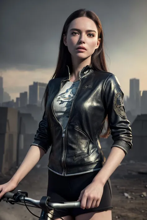 (masterpiece, best_quality, ultra-detailed, immaculate:1.3), epic, illustration, fit female bike courier. post-apocalyptic, william gibson mileu, ruined city backdrop., <lora:realistic_quality-realistic_quality_leco_-_v1.0:0.7>, <lora:hipoly_3dcg_v7-epoch:0.3>