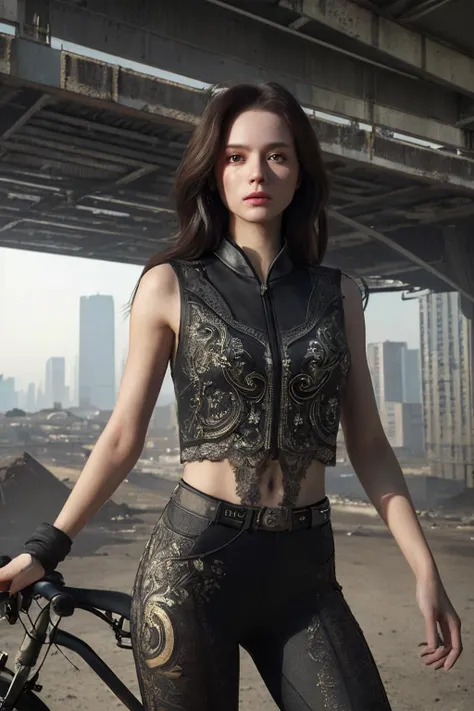 (masterpiece, best_quality, ultra-detailed, immaculate:1.3), epic, illustration, fit female bike courier. post-apocalyptic, william gibson mileu, ruined city backdrop., <lora:realistic_quality-realistic_quality_leco_-_v1.0:0.7>, <lora:hipoly_3dcg_v7-epoch:0.3>