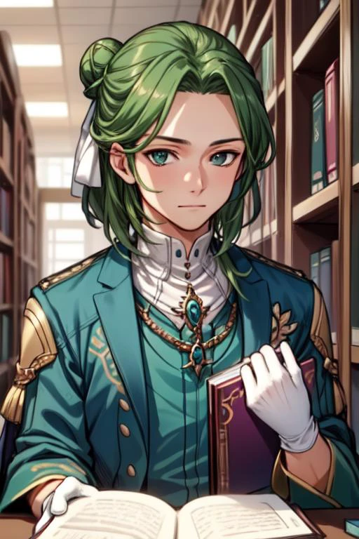 masterpiece, best quality, 1boy, linhardtHopes, hair bun, green hair, green eyes, green robe, white gloves, sitting, holding book, book, library, amulet, upper body, looking at viewer, simple background, bored <lora:LinhardtFullV1:1>