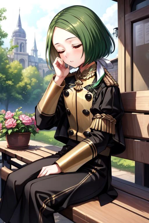masterpiece, best quality, 1boy, linhardt, low ponytail, white ribbon, green hair, black uniform, epaulettes, sitting on bench, sleepy, garreg mach monastery uniform, black skirt <lora:LinhardtFullV1:1>