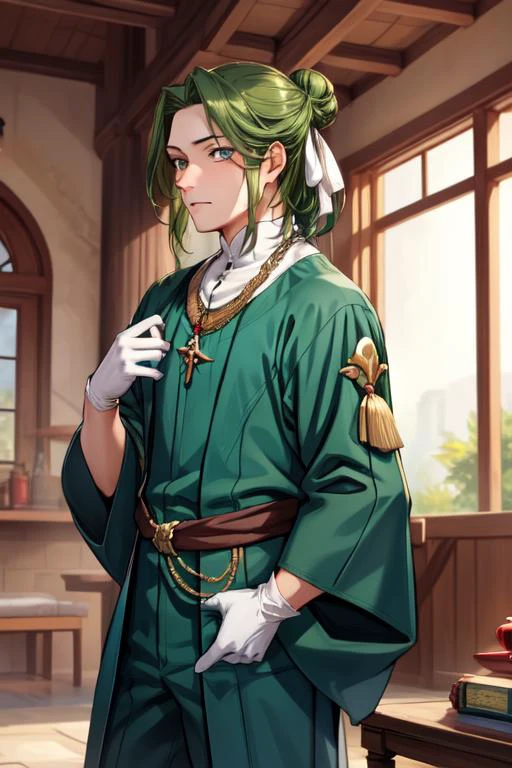 masterpiece, best quality, 1boy, linhardtHopes, hair bun, green hair, green eyes, green robe, white gloves, standing, amulet <lora:LinhardtFullV1:1>