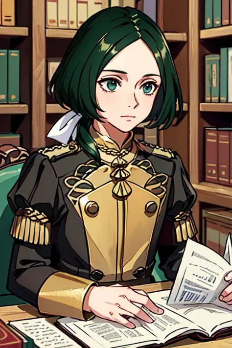 masterpiece, best quality, absurdres, 1boy, solo, linhardt, green hair, green eyes, low ponytail, white ribbon, black uniform, (gareg mach monastery uniform), epaulettes, sitting, library, reading, book, upper body, focused <lora:LinhardtFullV1:1>