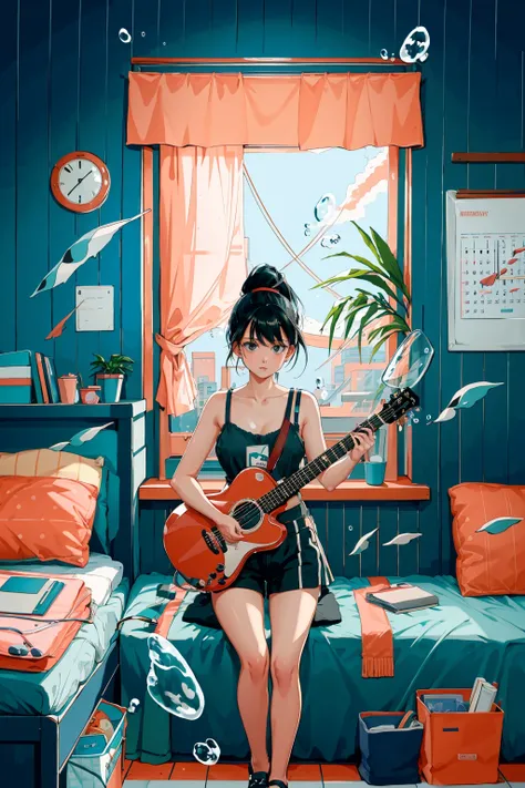 lineart,
1girl, solo, black hair, holding, sitting, ponytail, shorts, indoors, bag, cup, book, window, bed, chair, phone, stuffed toy, stuffed animal, plant, curtains, instrument, desk, camisole, fish, bubble, underwater, clock, guitar, air bubble, bedroom, shelf, calendar (object), coral,
<lora:ichigo-04:1>