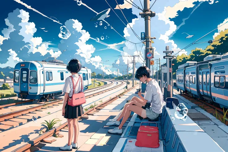 pastel color,
1girl, short hair, skirt, shirt, black hair, 1boy, sitting, white shirt, short sleeves, outdoors, sky, shoes, pants, cloud, sailor collar, bag, from behind, blue sky, ground vehicle, fish, bubble, blue theme, facing away, wide shot, train, surreal, whale,
nsfw, sexy,
<lora:ichigo-04:1>