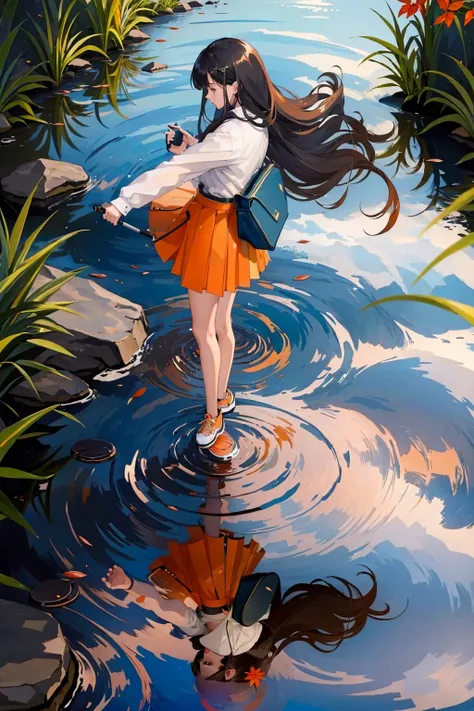 lineart,
1girl, solo, long hair, looking at viewer, skirt, shirt, black hair, long sleeves, holding, standing, pleated skirt, outdoors, shoes, day, cloud, black skirt, water, leaf, umbrella, grass, red footwear, sneakers, reflection, holding umbrella, ripples, puddle, orange footwear, reflective water,
<lora:ichigo-04:1>