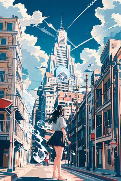 lineart,
1girl, solo, long hair, skirt, shirt, black hair, holding, school uniform, standing, white shirt, short sleeves, pleated skirt, outdoors, sky, barefoot, day, cloud, black skirt, water, from behind, blue sky, building, scenery, bubble, wide shot, hose, surreal, jellyfish, whale,
<lora:ichigo-04:1>