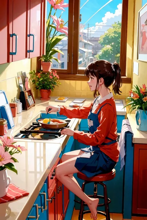 lineart,
long hair, smile, short hair, open mouth, multiple girls, brown hair, shirt, long sleeves, holding, 2girls, sitting, standing, white shirt, ponytail, flower, food, barefoot, collared shirt, pants, indoors, medium hair, apron, cup, window, profile, knife, plant, red flower, pink flower, plate, bowl, spoon, fork, potted plant, stool, egg, cooking, ladle, kitchen, pancake, frying pan, sink, spatula, egg (food), fried egg,
<lora:ichigo-04:1>