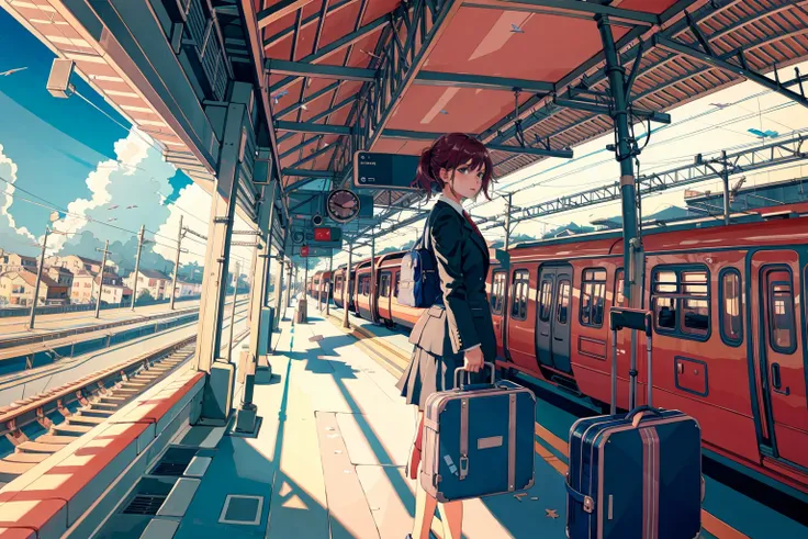 1girl, dreamy world,   suit, skirt, suitcase, clock, 
Train station,
<lora:ichigo-04:1>
