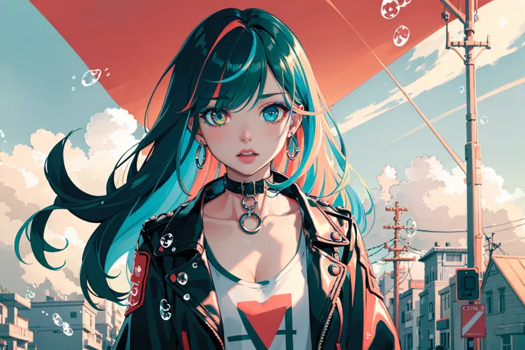 1girl, dreamy world,
(masterpiece, best quality:1.3), finely detailed beautiful eyes, detailed background, high contrast, best illumination, (cinematic light), hyper detail, dramatic light, droplets, flowing, with a splash of paint, paint splash, multicolored, looking at viewer, COLOR and COLOR, splatter, bubble, swirling, sparkle, rim lighting, incredible portrait, 1girl, blush, seductive, red eyeliner, red lipstick, heavy makeup, (leather jacket:1.3), chain choker, (colorful tank top), denim pants, (heterochromia, blue eye, green eye, multicolored hair:1.3), standing, seikomatsuda,
<lora:ichigo-04:1>
