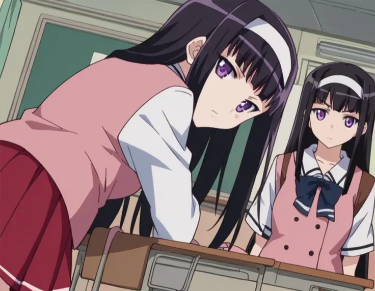 score_9, score_8_up, score_7_up, source_anime,
midoribyakudan, <lora:midori-byakudan-ponyxl-lora-nochekaiser:1>
midori byakudan, long hair, black hair, purple eyes,
skirt, bow, school uniform, hairband, bag, red skirt,
indoors, classroom, bent over,
looking at viewer, dutch angle, cowboy shot,