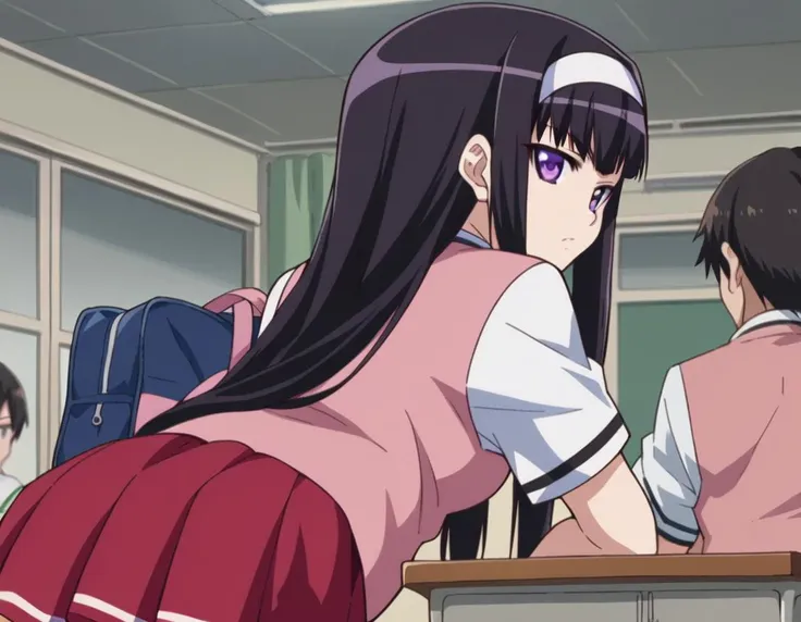 score_9, score_8_up, score_7_up, source_anime,
midoribyakudan, <lora:midori-byakudan-ponyxl-lora-nochekaiser:1>
midori byakudan, long hair, black hair, purple eyes,
skirt, bow, school uniform, hairband, bag, red skirt,
indoors, classroom, bent over,
looking at viewer, dutch angle, cowboy shot,