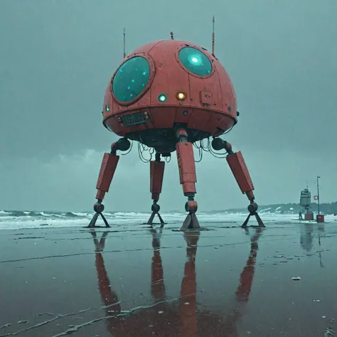 (beach:1.5) new a group of spaceship blizzard <lora:Simon_Stalenhag_LFTL_SDXL:1> Simon Stalenhag style