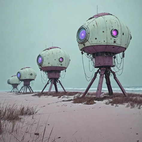 (beach:1.5) derelict a row of spaceships (blizzard:1.3) <lora:Simon_Stalenhag_LFTL_SDXL:1> Simon Stalenhag style Blanched Almond,Paris White,Amethyst Smoke