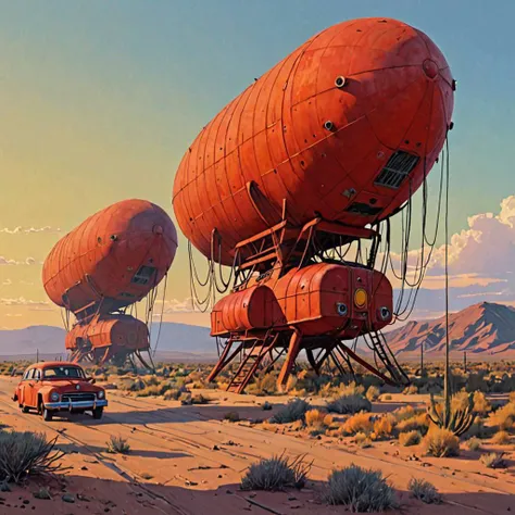 (desert:1.5) rusty a group of zeppelins (sunset:1.3) <lora:Simon_Stalenhag_LFTL_SDXL:0.5> Simon Stalenhag style Fire Engine Red,Orange Yellow