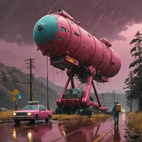(canyons:1.5) new a group of spaceships (rainstorm:1.3) <lora:Simon_Stalenhag_LFTL_SDXL:0.5> Simon Stalenhag style Keppel,Cannon Pink