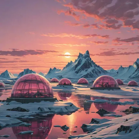 (arctic glaciers:1.5) several abandoned domes (sunset:1.3) <lora:Simon_Stalenhag_LFTL_SDXL:0.7> Simon Stalenhag style Silver Pink,Golden Glow