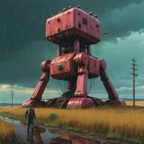 (great plains:1.5) doezens of abandoned machines (rainstorm:1.3) <lora:Simon_Stalenhag_LFTL_SDXL:0.9> Simon Stalenhag style Bittersweet Shimmer,Turkish Rose,Zumthor