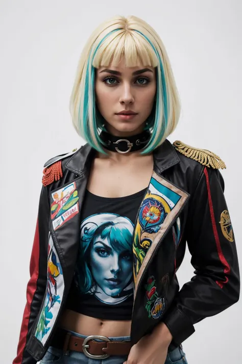 masterpiece, best quality,1girl, solo, breasts, looking at viewer, <lora:elar6-guy-v2:1>, elar6, lips, multicolored hair, blonde hair, streaked hair, bangs, choker, jacket, open jacket, leather jacket, black jacket, epaulettes, shirt, belt, jeans, torn jeans, simple background, white background, portrait,