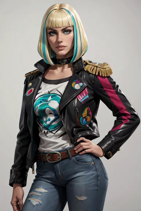 (masterpiece, best quality, 4k, detailed, intricate, realistic),elar6,multicolored hair, blonde hair, streaked hair, bangs, choker, jacket, open jacket, leather jacket, black jacket, epaulettes, shirt, belt, jeans, torn jeans,hands on hips <lora:elar6-guy-v2:0.8>