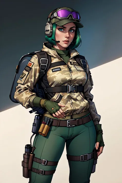 (masterpiece,best quality,absurdres),cowboy shot,elar6,green hair, goggles, hat, fingerless gloves, headset, jacket, camouflage jacket, backpack, holster, pants <lora:elar6-guy-v2:0.8>