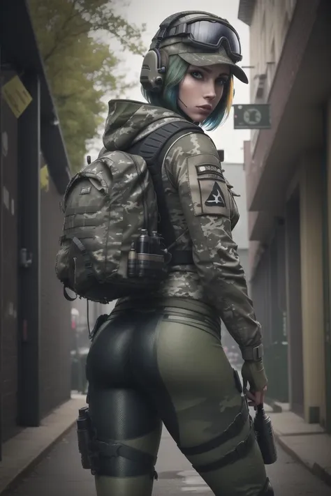 <lora:ela_(rainbow_six_siege):0.8>, ela_(rainbow_six_siege), masterpiece, best quality, 1girl, camouflage, solo, green hair, backpack, boots, hat, goggles, goggles on headwear, ass, pants, looking at viewer, jacket, hood, bag, short hair, headset, blue eyes, camouflage jacket, gloves, holster, hood down, looking back, thigh holster, radio antenna, military, headphones, leggings, closed mouth, camouflage pants, huge ass, outdoors,