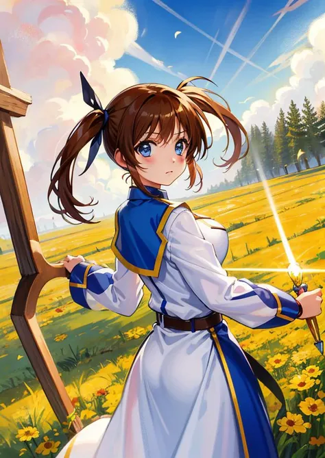 <lora:nanoha-official-art-ver:0.6>,realistic,masterpiece, best quality,8k,photography,good anatomy,1girl,solo,takamachi nanoha,brown hair,blue eyes,twintails,(very long hair:0.2),large breasts,magical girl,holding wand,closed mouth,serious face,cowboy shot,straight-on,facing viewer, looking at viewer,outdoors,flying,sky,cloud,scenery, sun,sunny,sunlight,backlighting,