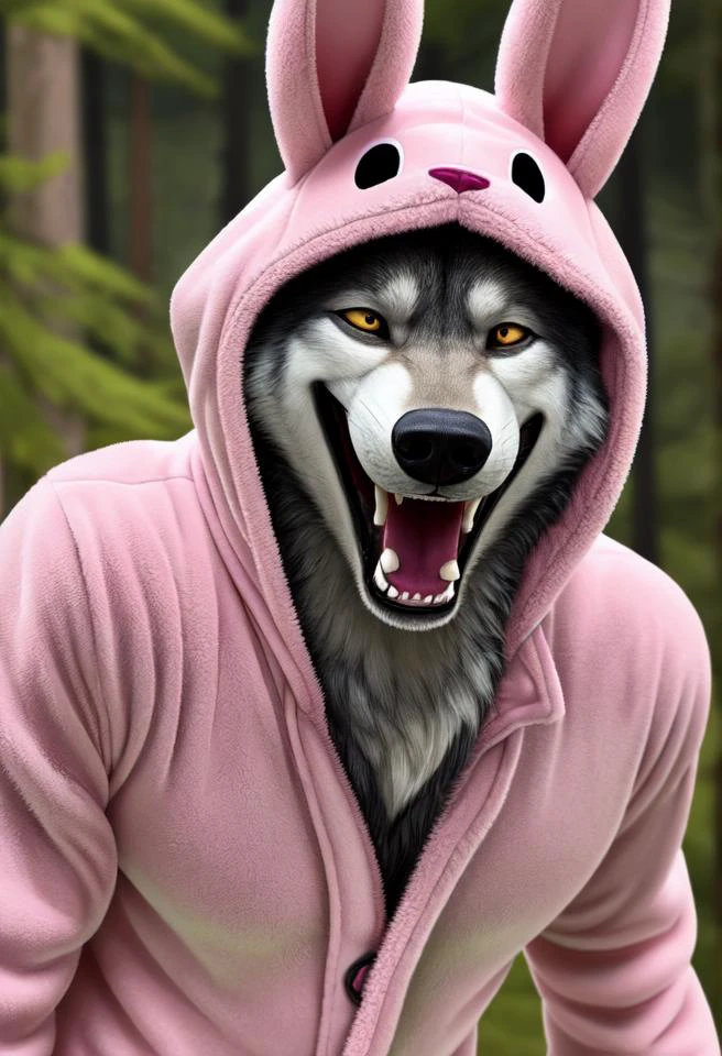 Extremely detailed photo of a wolf, wearing pink bunny onesie, at forest, huge grin512:1.3, best quality, master piece, hyperrealistic, intricate, <lora:onesie_v3:0.1>, furry,fur,