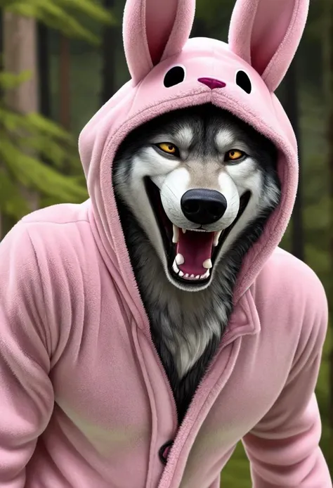 Extremely detailed photo of a wolf, wearing pink bunny onesie, at forest,  huge grin512:1.3, best quality, master piece, hyperrealistic, intricate, <lora:onesie_v3:0.1>, furry,fur,