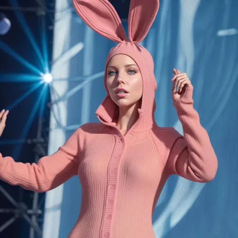evelynnobodysd15 wearing a pink bunny onesie on stage emceeing a show, on3sie <lora:onesie_v3-000009:0.4> <lora:age_slider_v6:2>